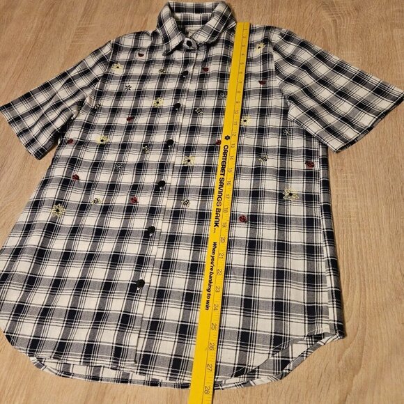 Bon Worth Size Xs Womens Blue Plaid Shirt Embroidrred Bees Flowers Ladybugs - Picture 4 of 7